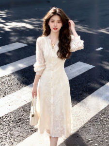 CHANGTONG | French Style Elegant Lace V-Neck Slim Fit Dress