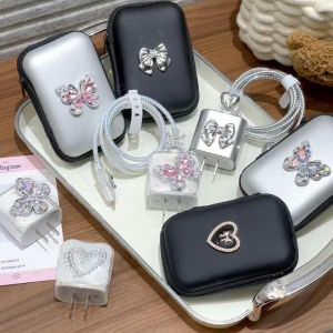 6PCS Set 20W Charger Set For iPhone 18/20W USB C Charger Case Pink Bow Silvery Waterproof EVA Storage Pouch Bag Zipper Bag Pocket Pouch USB Data Cable Charger Travel Data Charger Earphone Case Headset Earphone for iPhone / iPad /Airpods Charger