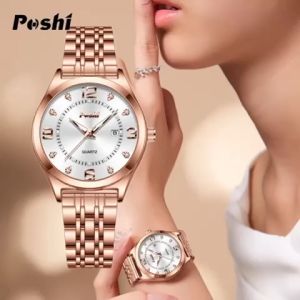 Poshi Jam Tangan Wanita Stainless Steel Strap Water resistant Tanggal dark in glow Anti Air Bisnis
