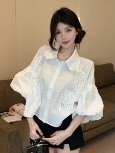 GUZILIAN | French Luxurious White Bubble Sleeve Shirt Womens Spring Summer Loose Short Style Small Figure Top Korean Style Commute Wind