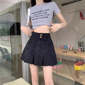 High Waist A-Line Mini Skirt Womens Denim Pleated Summer plus Size Belly Covering Slimming Design Short Skirts