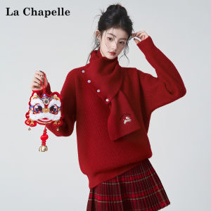 La Chapelle | Red Turtleneck Warm Knit Sweater Two-Piece Set with Scarf