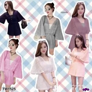 TW1525 จั้มสูทขาสั้น ลายลูกไม้ลายดอกสวยมาพร้อมกับเกาะอก