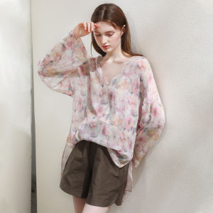 Miccbeirn | Retro Silk Gradient Print V-Neck Top And T-Shirt Two-Piece Set Artistic Loose Fit Summerwear Floral Pattern Long Sleeve