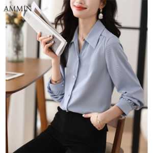 AMMIN เสื้อเบลาส์ฤดูใบไม้ร่วงสไตล์เกาหลีแขนยาวปกเสื้อเบลาส์สีทึบคอมมินคุณภาพสูงเข้าได้กับทุกชุดดีไซน์แบบหัวเข็มขัดไข่มุกเสื้อเบลาส์ OL หรูหรา