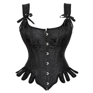 Women Corset Top with Shoulder Strap Gothic Black Blue Lace Up Overbust Embroidery Bustier Vest Renissance Costume