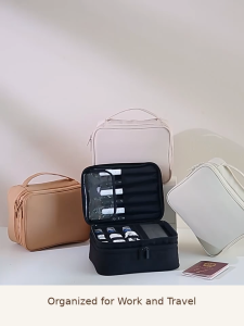Travel Makeup Bag Organizer Large Capacity Cosmetic Train Case with Brush Compartment & Adjustable Dividers Portable Toiletry Storage Bag for Women