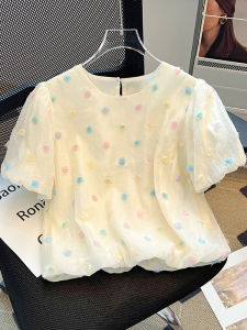 Big Sale Leak-Picking ~ Summer French Three-Dimensional Contrast Color Flower Shirt Womens Stylish Puff Sleeves Chic Short Tops