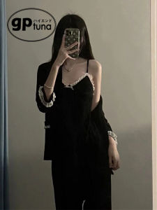 GPTUNA ชุดสามชิ้น ผู้หญิง ชุดนอน เซ็กซี่ บาง สายคล้อง ลูกไม้ ตัดเสื้อผ้าบ้าน สีดำ ลายดอก คอวี ความยาวปานกลาง เดรส