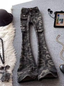 Camouflage Slim Fit Workwear Micro Flared Jeans Womens Autumn Winter New American Retro High Waist Long Pants