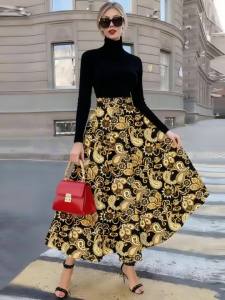 Printed Design Four Seasons Golden Black Paisley Flower Pattern Holiday Style Half Skirt