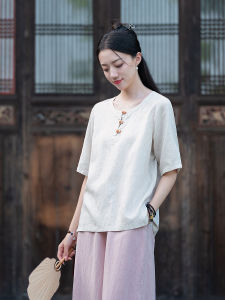 Loose Linen Short Sleeve round Neck T-Shirt Womens Artistic Retro Color Block Button up Summer Top Sweet School Style