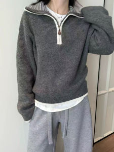 Winter Thickened Half-Zip Knit Grey Sweater Womens Fashion Inner Wear Outerwear Casual Long Sleeve Warm Thermal Top