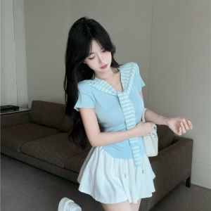 GUZILIAN | Slimming Ice Silk Stripe Shoulder Wrap V Neck Short Sleeve Knitted Top And Trousers Two Piece Set Korean Style Commute Fashion