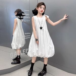 Princess Style Summer Dress for Girls White Cotton Fabric Childrens Clothing Elegant Kids Summer Outfit 5-14 Years Old