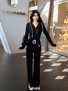 Cute Champion Sportswear Set Womens Spring Autumn Short Coat High Waist Slimming Pants Casual Two Piece Set Cotton Long Sleeve Zipper