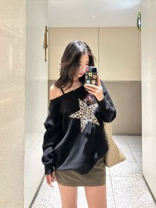 American Style Hot Girl Leopard Print Five Pointed Star Shoulder Hoodie Womens Loose Slimming Black Shoulder Bared Top