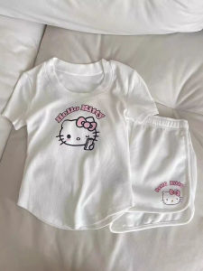 Hellokitty Casual Sports Set Women Summer New Kitty Cat Print T-shirt Shorts Ice Silk Two-piece Set round Neck Long Sleeve