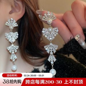 Silver Stud Rhinestone-Encrusted Bows Artificial Pearl Tassel Earrings Fashion Fancy Eardrops Niche Style Internet Famous Personalized Earrings