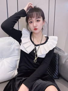 Long Sleeve Color Matching Ruffles Feifei Collar T-shirt Womens Fashion Patchwork Slim Fit Stretch Pullover Bottoming Shirt Tops