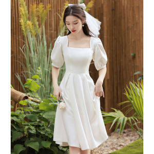 ชุดเดรสยาวปานกลางสีแชมเปญสำหรับสาวๆ ชุดเจ้าสาวสไตล์เกาหลี แขนสั้น ทรงเอ ชุดราตรีสำหรับงานแต่งงานและงานปาร์ตี้