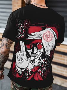 Mens skull pattern T-shirt casual polyester round neck black short sleeve and red and white summer outdoor activity