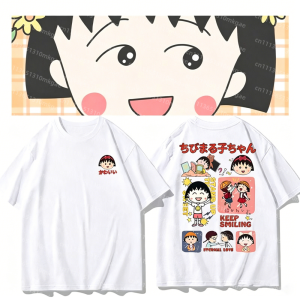 52TOYS | Kawaii Maruko Chan Double Sided Print T-shirt Summer Short Sleeve Tops Anime Fans Casual Women T Shirts Mens Shirt Kids T shirt