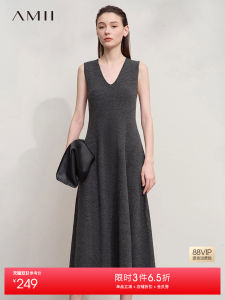 Elegant Hepburn Style V-Neck Waist-Cinched Knitted Dress Womens Sleeveless A-Line Dress Casual Autumn New Arrival Amii