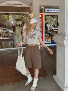 MOERSHOP Summer Cotton Straight Leg Casual Pants High Waist Five-Quarter Length Basic Style Streetwear Wide Leg Trousers