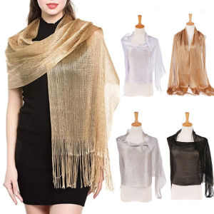 ใหม่ผ้าพันคอโลหะแวววาวผ้าคลุมไหล่ชุดราตรีสำหรับผู้หญิงผ้าคลุมไหล่สีทองพู่เงางามผ้าคลุมไหล่งานเลี้ยงเจ้าสาวงานแต่งงานสำหรับเพื่อนเจ้าสาว