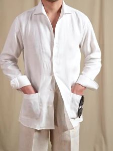 100% Linen Windsor Collar Long Sleeve Shirt for Casual Commuting Vacation Lightweight