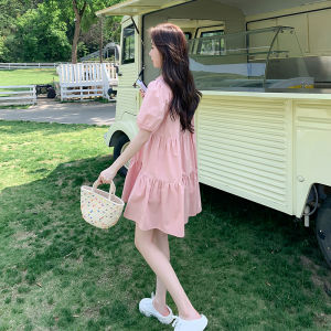 Pink Bubble Sleeve Dress Womens Polo Collar Loose A-Line Skirt Summer New Style High Waist Short Sleeve Midi Dress Korean Version