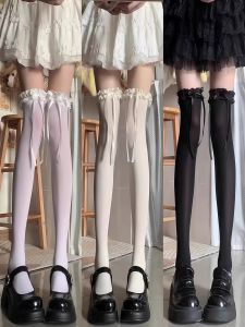 Lolita Lace Black Summer Thin Silk Stockings over Knee Butterfly Knot Long Tube Socks Wooden Edge Summer Fashion Womens Socks