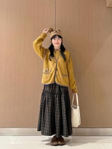 2024 Autumn and Winter Check Lace Split Mid Length Long Length Skirt Womens High Waist Slim Looking Elastic Waist A- line Large Hem Umbrella Skirt
