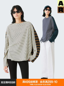 เสื้อยืดแขนยาวลายทางหลวมๆ สำหรับผู้หญิงในฤดูใบไม้ร่วงและฤดูหนาว ชุดอยู่บ้าน ลำลอง ทรงหลวม ทรงเข้ารูป ทรงหลวม ทรงหลวม ทรงหลวม