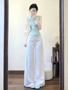 VKSOD | Korean Style Butterfly Knot T-Shirt Womens Summer Sweet Casual White Wide Leg Pants Two-Piece Set Round Neck Long Sleeve Top