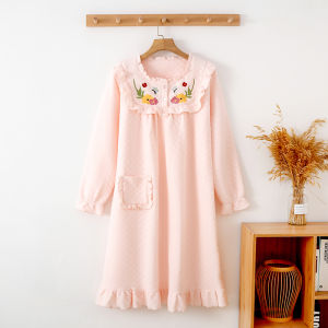 Pure Cotton Long Sleeve Sleepwear Womens Warm Bathrobe Autumn Winter Home Clothes Three-Layer Cotton Air Knitted Nightgown