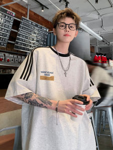 American Style Three Bars Grey Short Sleeve Cotton Casual Mens T-shirt Summer 2025 New High Street Trend Brand Polyester Fiber