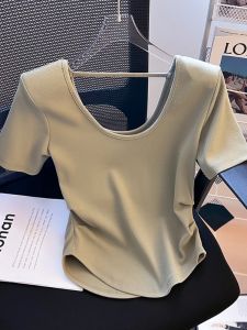 Slim Fit Short Sleeve T-Shirt Women Summer U-Neck Short Style Korean Version Pure Color Big Opening Show Clavicle Top