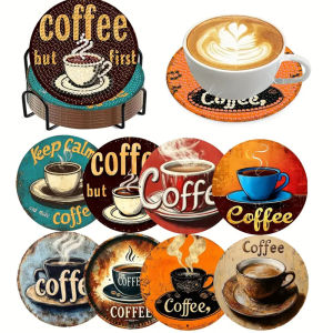 8 pieces/set of coffee patterned diamond painted coaster set sparkling rhinestone heat-resistant beverage mat with holder DIY c