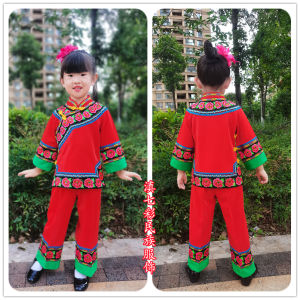 ชุดเด็กผู้หญิงสไตล์ชาติพันธุ์สีเขียวแขนยาว ชุดสองชิ้น ชุดลำลองสีแดงและสีเขียวสำหรับเด็กอายุ 4-13 ปี