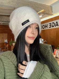 Warm Woolen Knitted White Hat for Women Autumn Winter Large Circumference Earflap Yarn Cap Cold Proof Fluffy Topped Hat