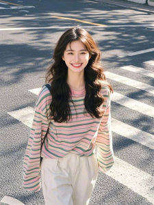 Colorful Stripe T-Shirt Womens Spring New Style Commute High Waist Regular Sleeve Casual Wear Comfortable Fit Long Sleeve Top