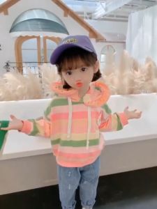 เสื้อกันหนาวเด็ก เสื้อกันหนาวโสด ดีไซน์ลายทางแฟชั่นเกาหลี เสื้อฮู้ดผ้าฝ้ายสีรุ้งสำหรับเด็กผู้หญิง