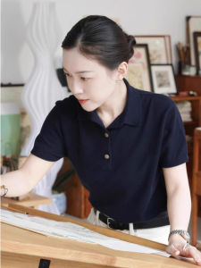 Navy Blue Short Sleeve T-shirt Regular Shoulders Polo Shirt