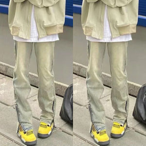 American High Street Washed Side Zipper Jeans Womens Vintage Versatile Loose Slimming Long Trousers Trendy INS Straight Leg Jeans