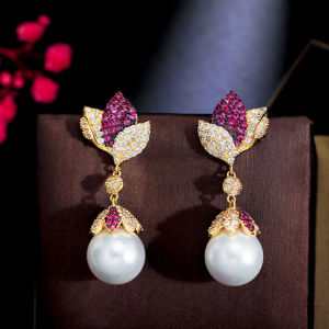 SEQUITO Designer Rose Flower Drop Micro Pave Red White Cubic Zirconia Gold Plated Big Pearl Dangle Banquet Party Long Earrings Women Handmade Jewelry SE636