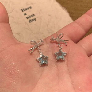 925 Silver Needle Ice Crystal Blue Star Butterfly Knot Earrings Cool Sweet High-End Feeling Small Niche Cold Style Ear Jewelry