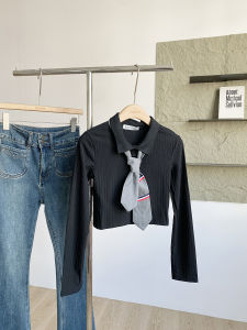 Spring 2025 Womens Slim Fit Short Sleeve Polo Shirt Black Long Sleeve Commute Style Korean College Style Tie Female Shirt