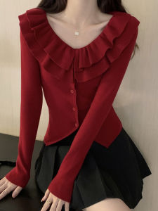 Áo Len Cardigan Dệt Kim Màu Đỏ Rượu Vang Cổ Chữ V Tay Dài Dáng Ôm Cho Nữ Mùa Thu Năm 2025 Phong Cách Mới Áo Khoác Ngoài Kiểu Pháp